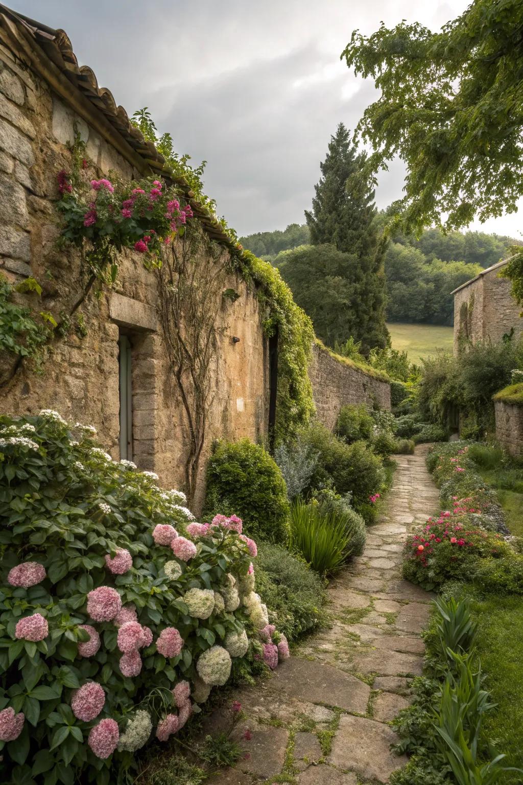 A stone wall adds texture and history to the garden.