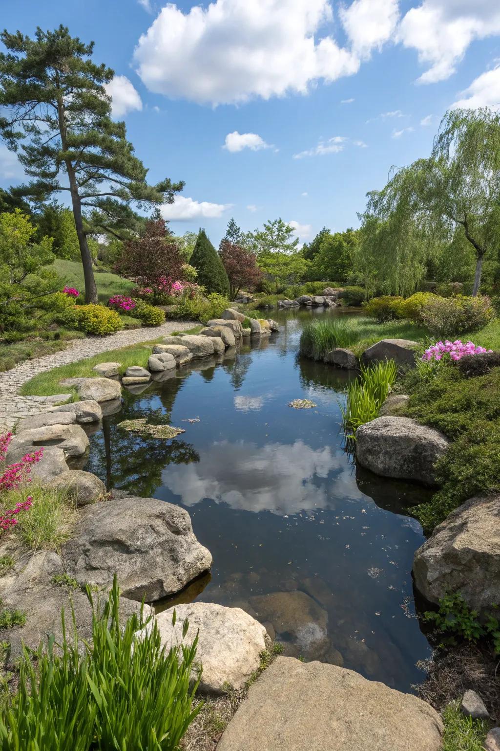 A natural water feature brings tranquility to the garden.