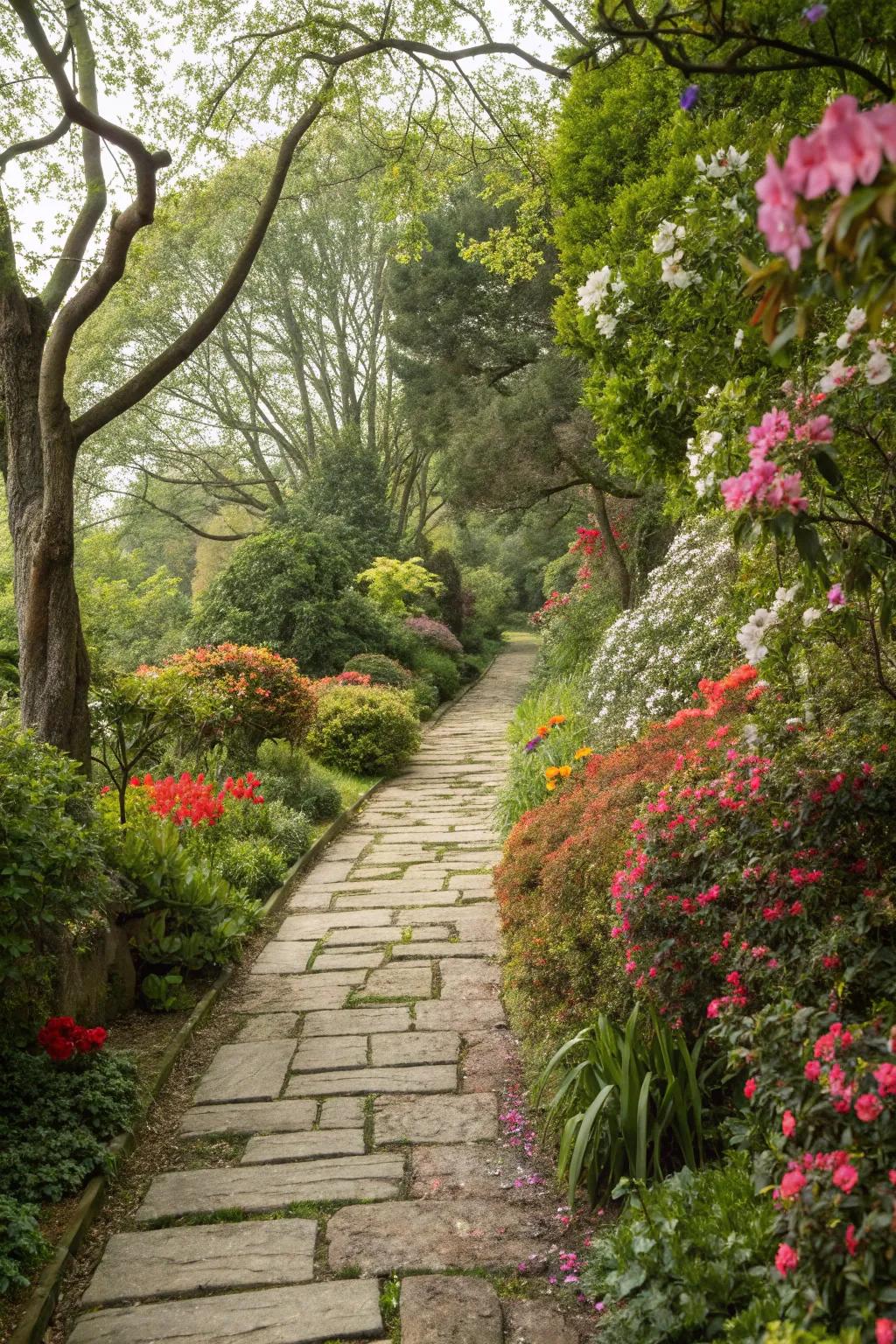 Natural stone pathways lead the way through a rustic garden.