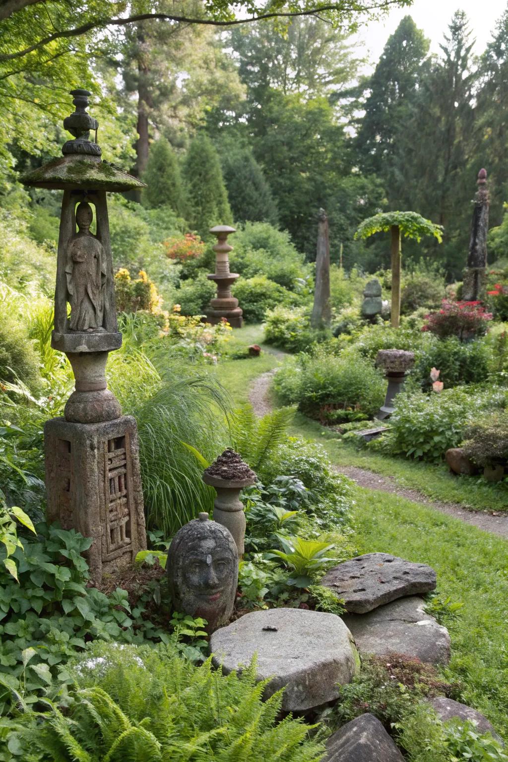 Primitive sculptures add artistic flair to the garden.