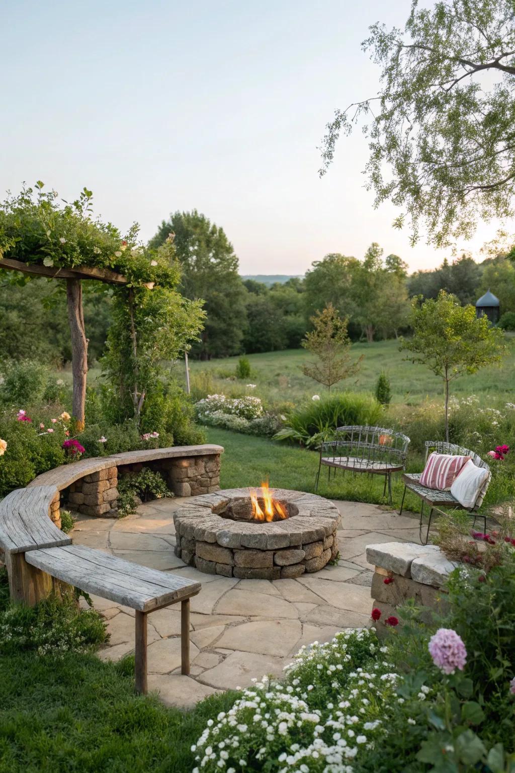 A stone fire pit is perfect for cozy garden gatherings.