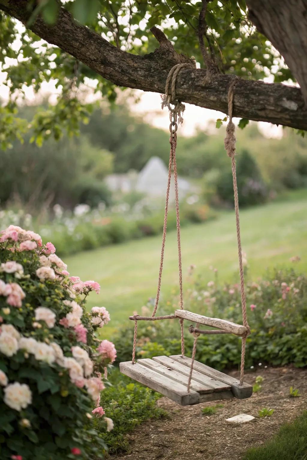 A rustic swing offers relaxation in the garden.