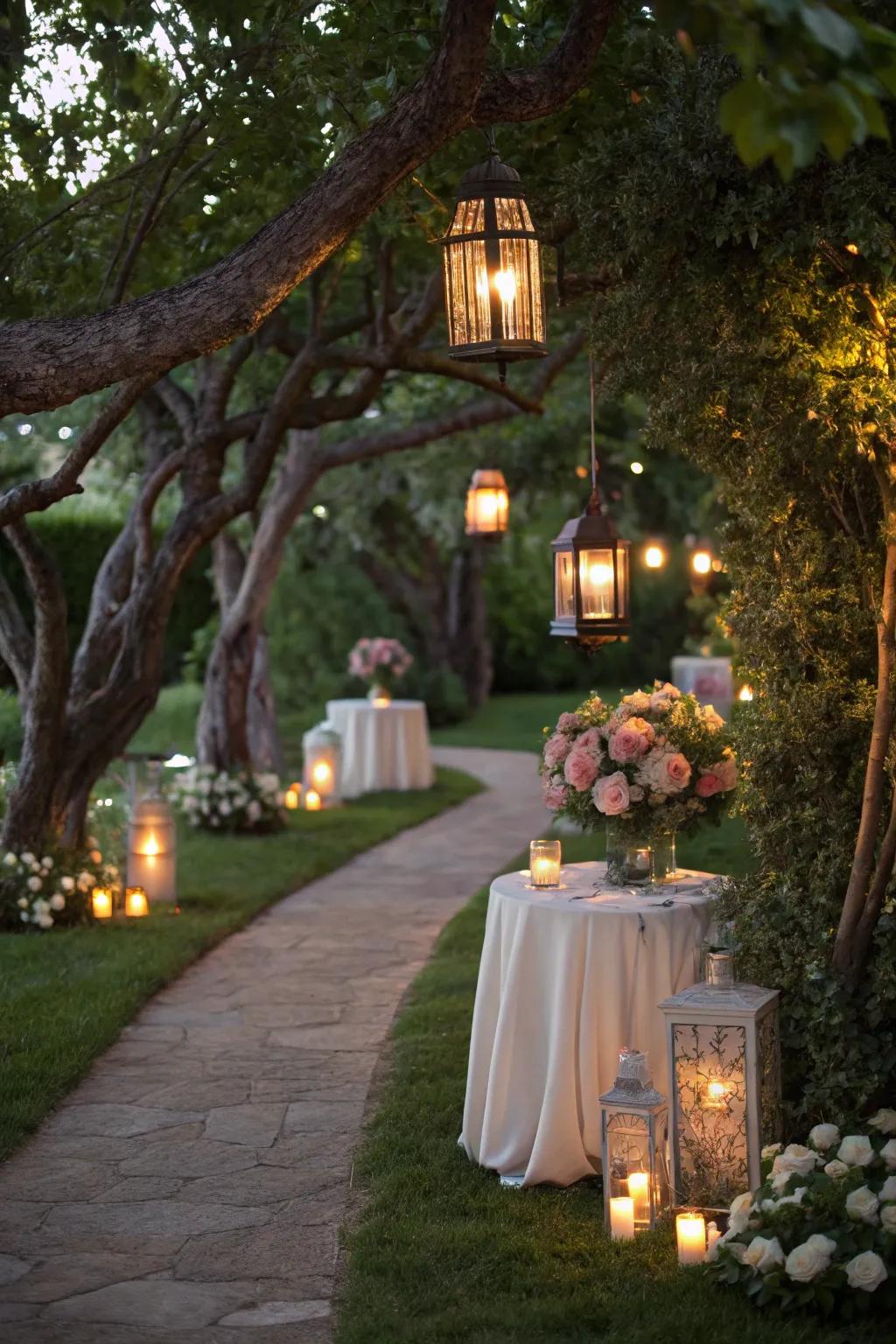 Vintage lanterns provide a cozy glow in the garden.