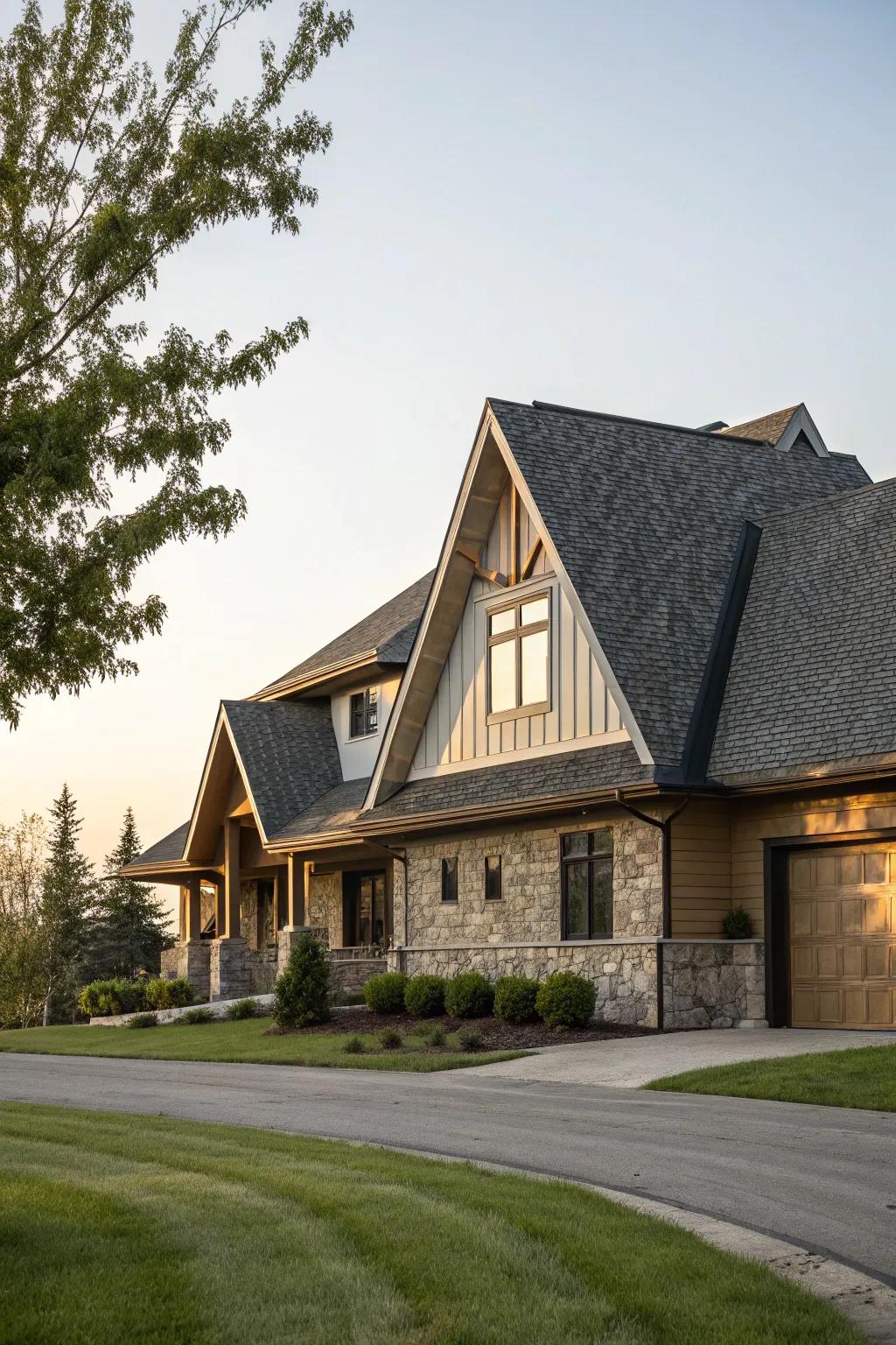Asymmetrical gables add a unique and modern touch to the architecture.