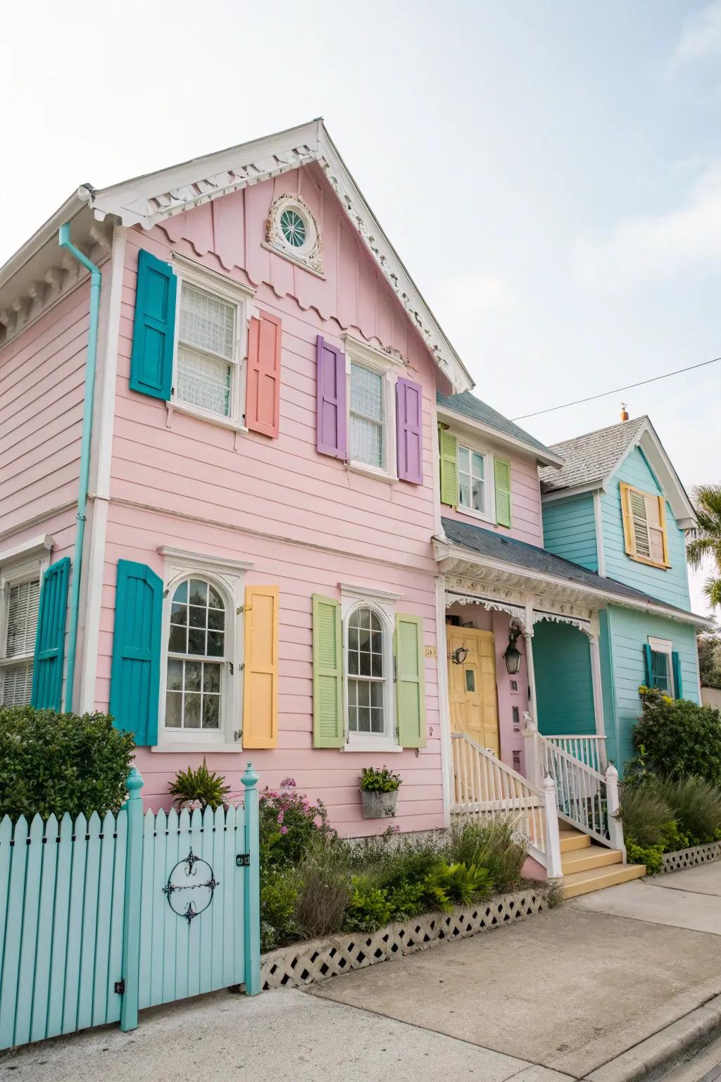 Colorful shutters add a playful and lively feel to this home.