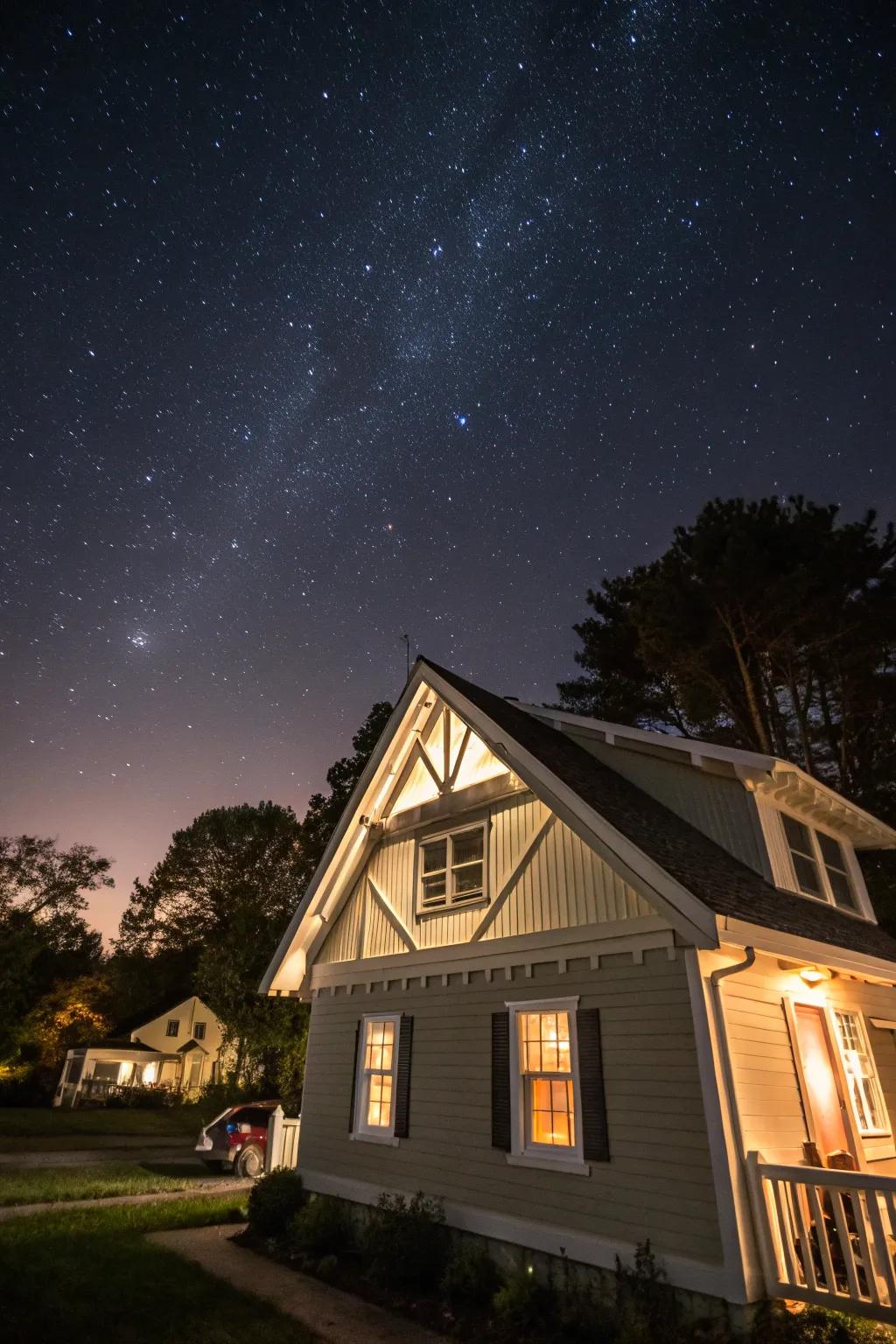 Strategic lighting transforms gables into nighttime focal points.