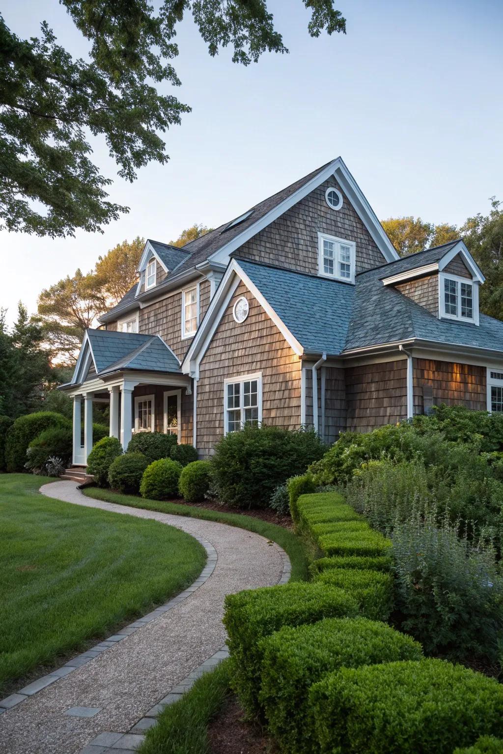Cedar shake siding infuses warmth and natural beauty into the design.