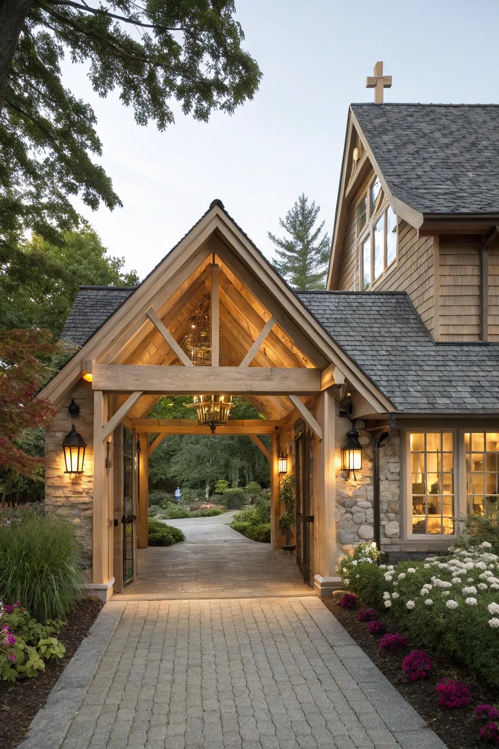 Open gables create an inviting atmosphere at the home's entrance.