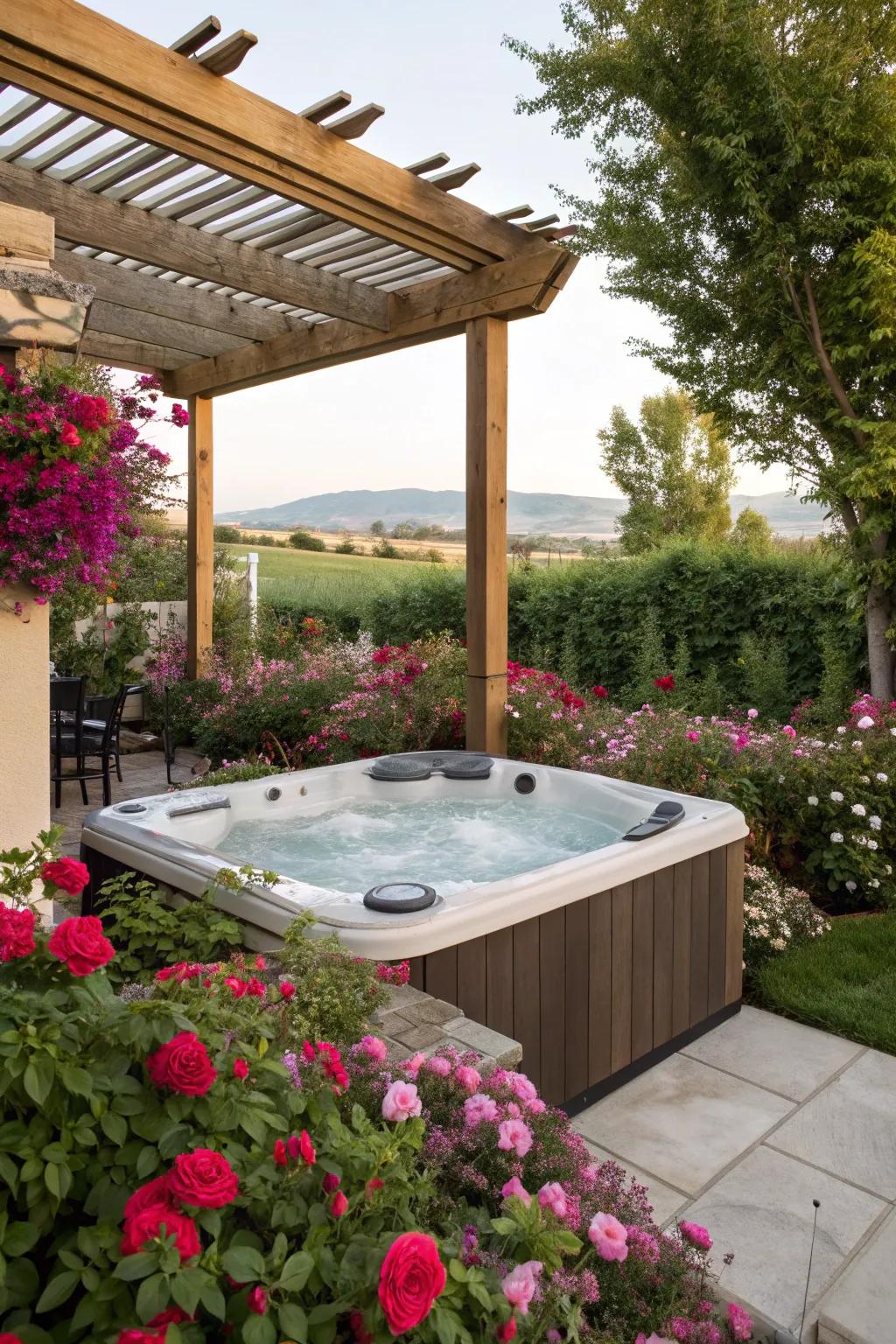 A garden oasis with a hot tub nestled among vibrant flowers.