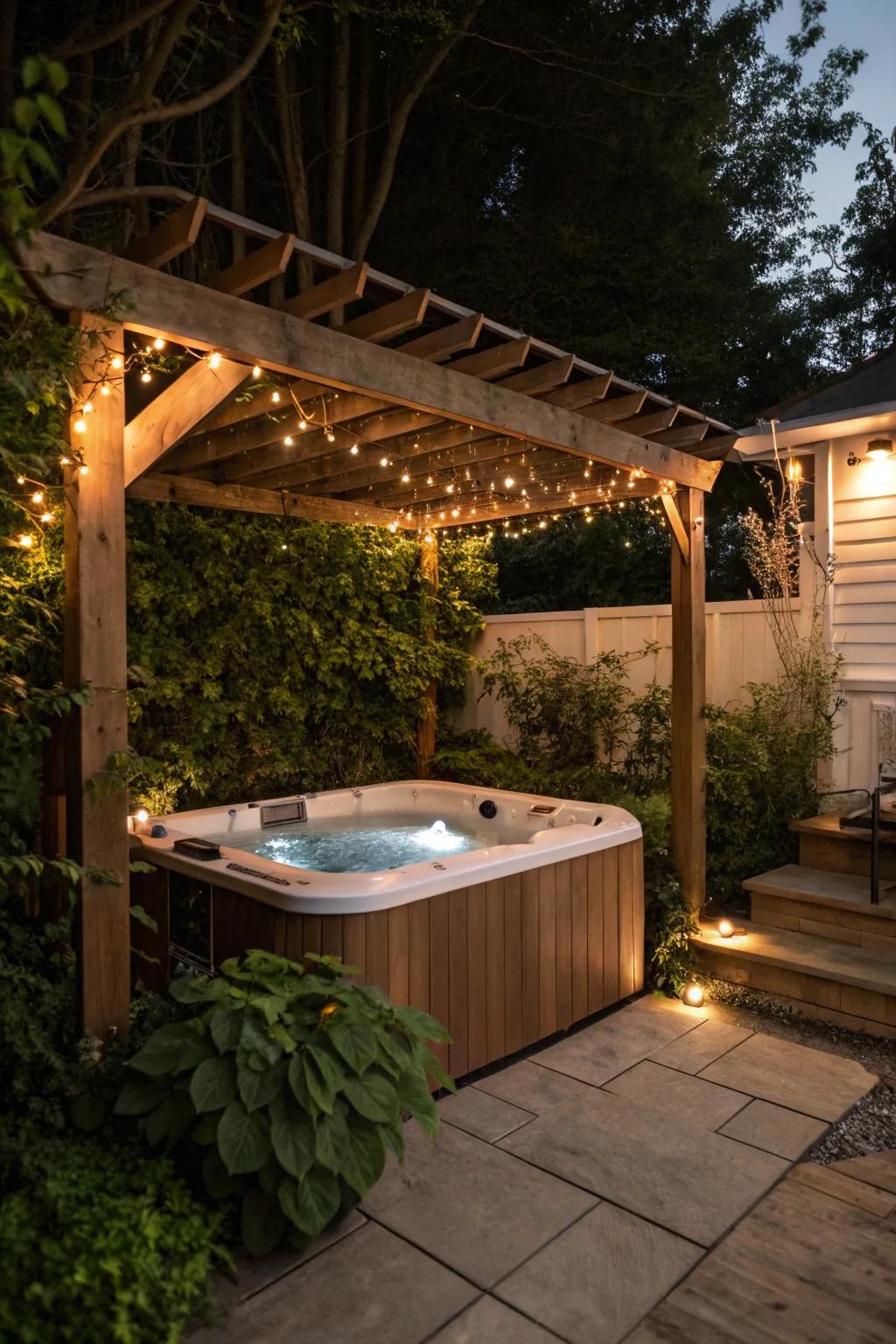 A cozy corner with a hot tub under a pergola.