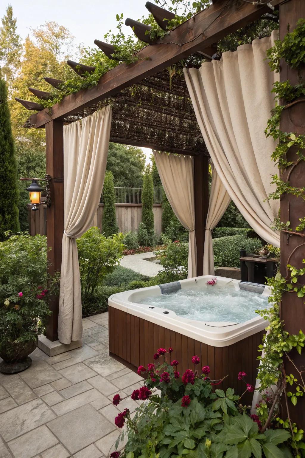 Drapes add a luxurious touch to the hot tub pergola setup.