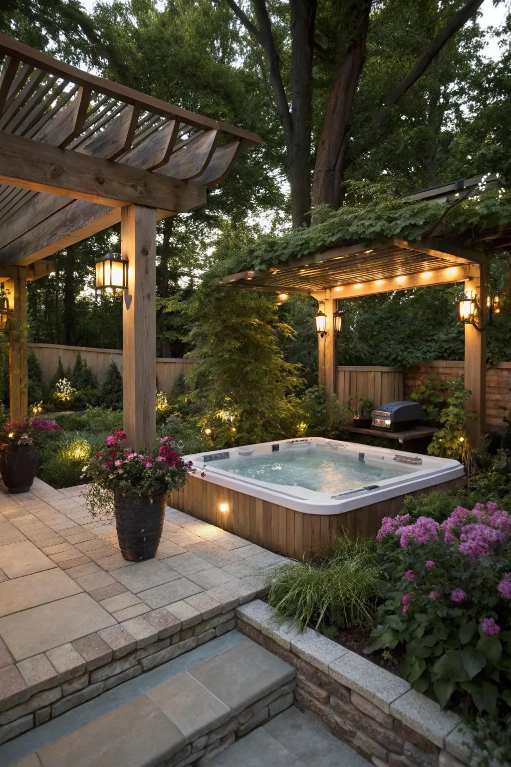 A sunken hot tub under a pergola offers an elegant transition.