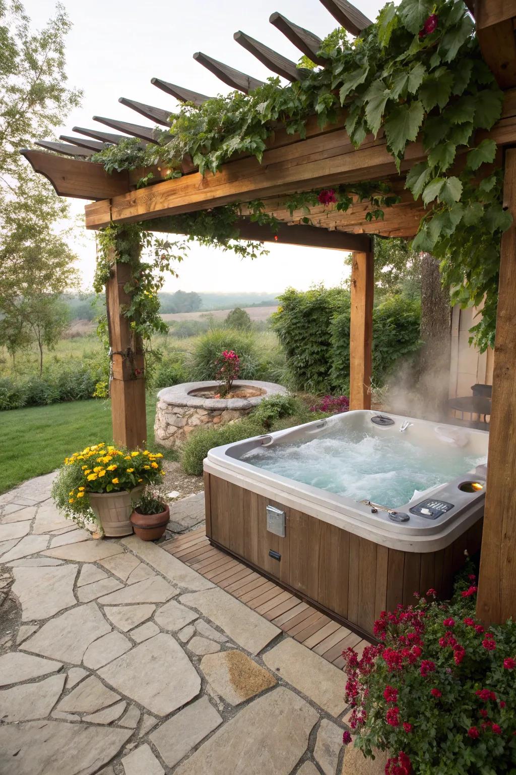 A rustic wooden pergola adds charm to this hot tub area.