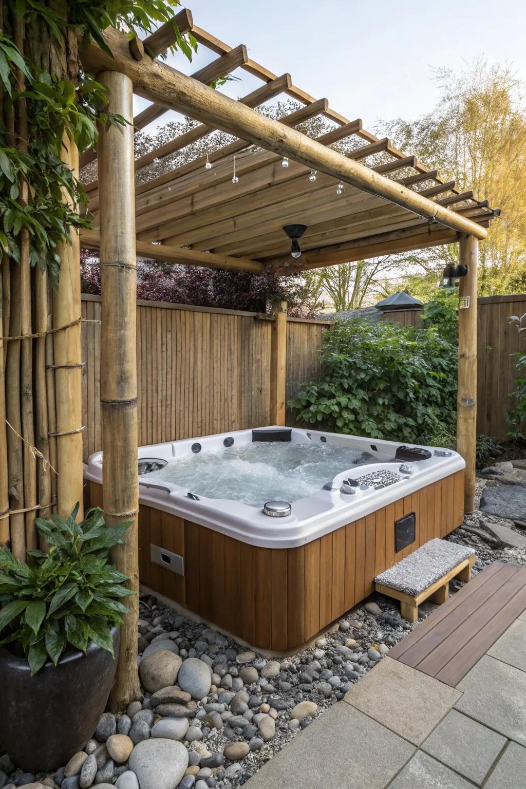 A Zen retreat with a hot tub under a serene pergola setup.