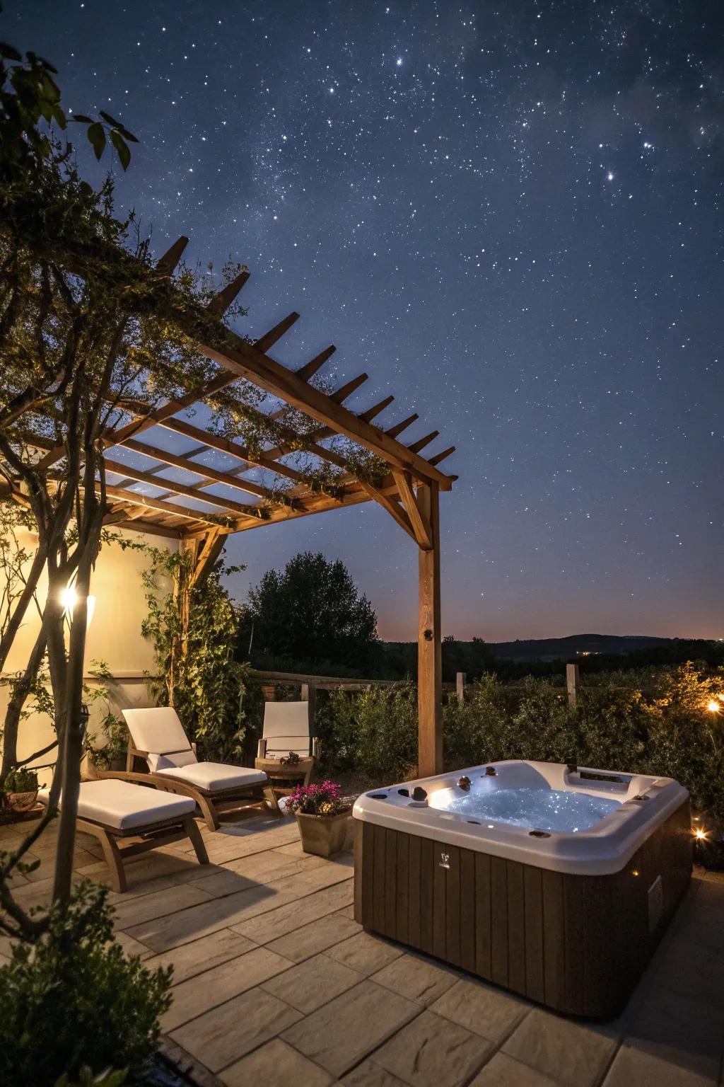 An open-roof pergola for stargazing while enjoying the hot tub.