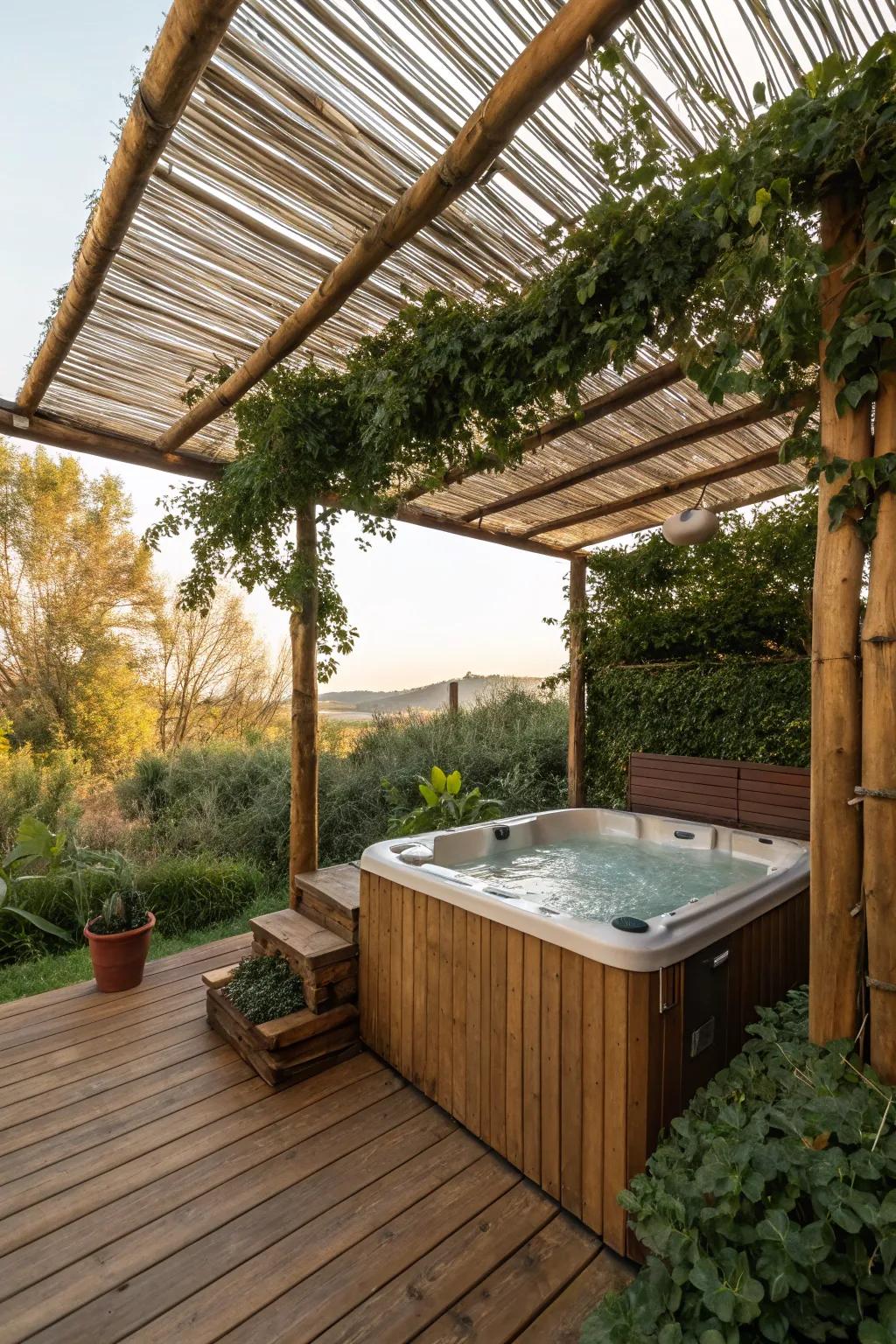 A sustainable bamboo pergola complements the hot tub area.