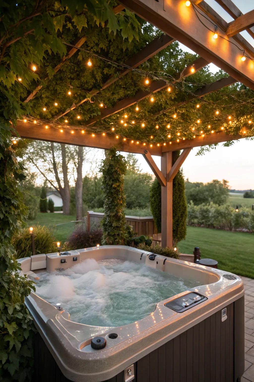 String lights create a magical evening atmosphere around the hot tub.