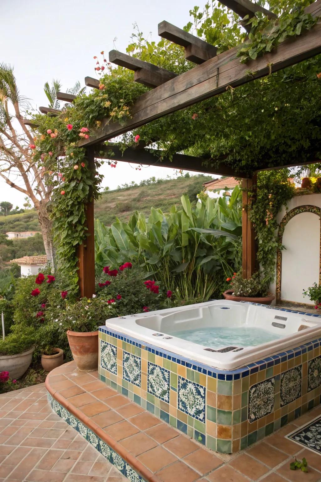Mediterranean-style pergola brings vacation vibes to the hot tub area.