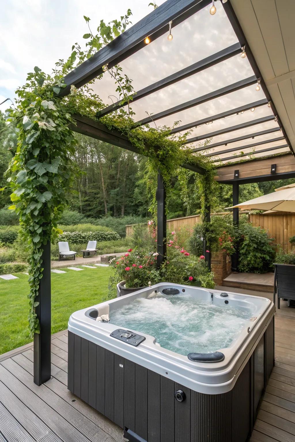A retractable roof pergola offers weather protection for your hot tub.