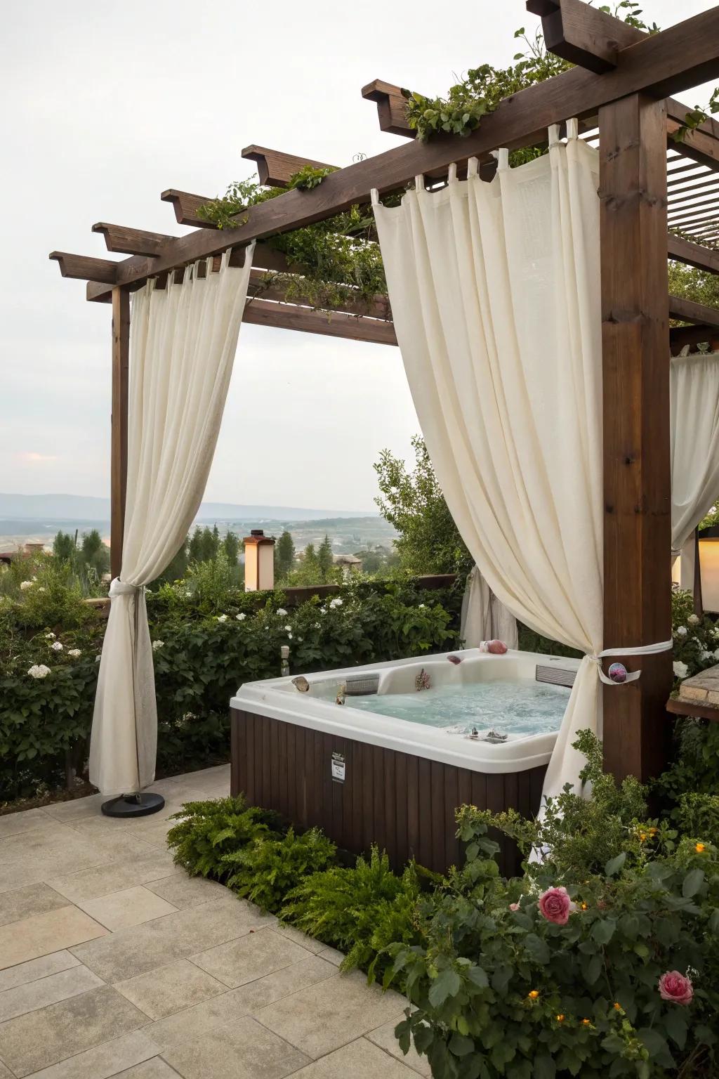 Curtains add privacy and a touch of elegance to the hot tub.
