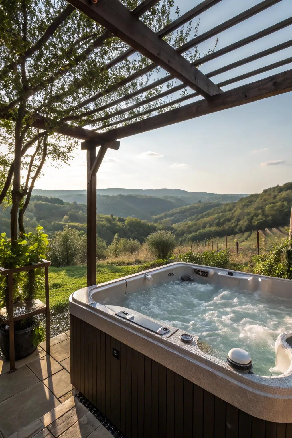 A pergola positioned to maximize scenic views enhances relaxation.