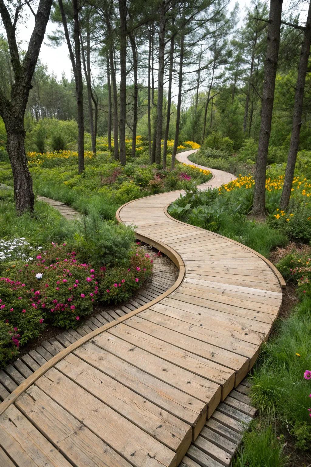 Artistic timber pathways create standout features in creative gardens.