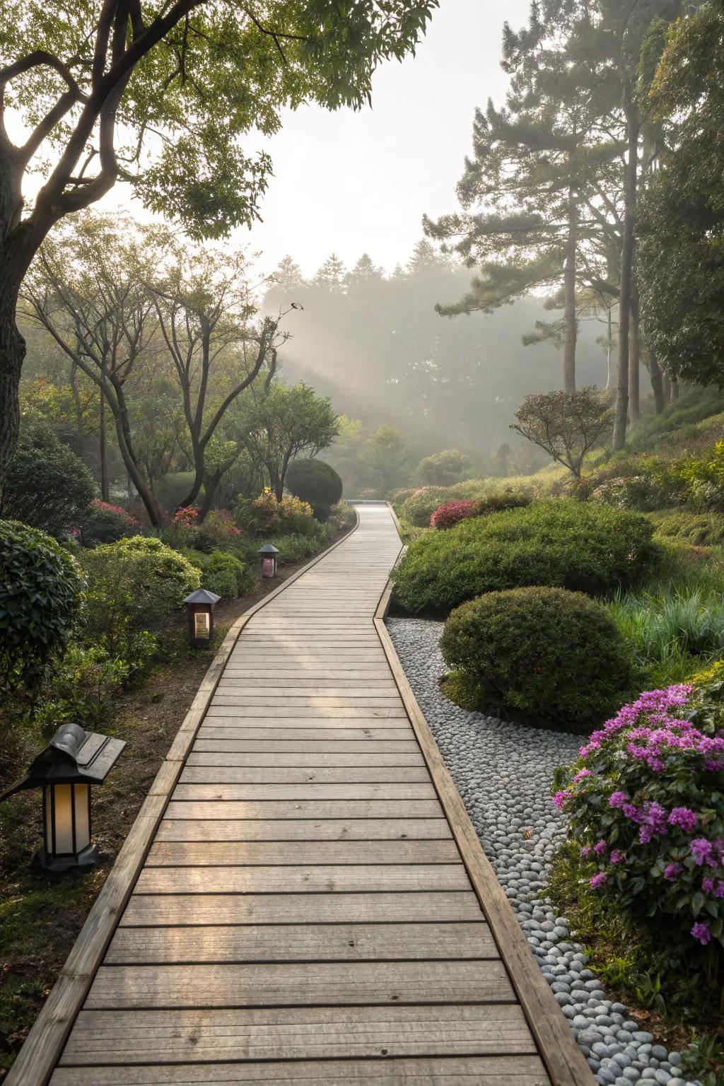 Zen garden timber pathways promote mindfulness and tranquility.