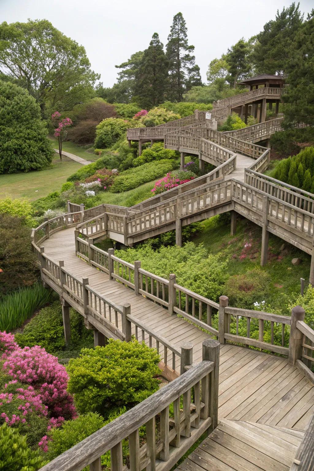 Multi-level timber walkways enhance garden accessibility and interest.