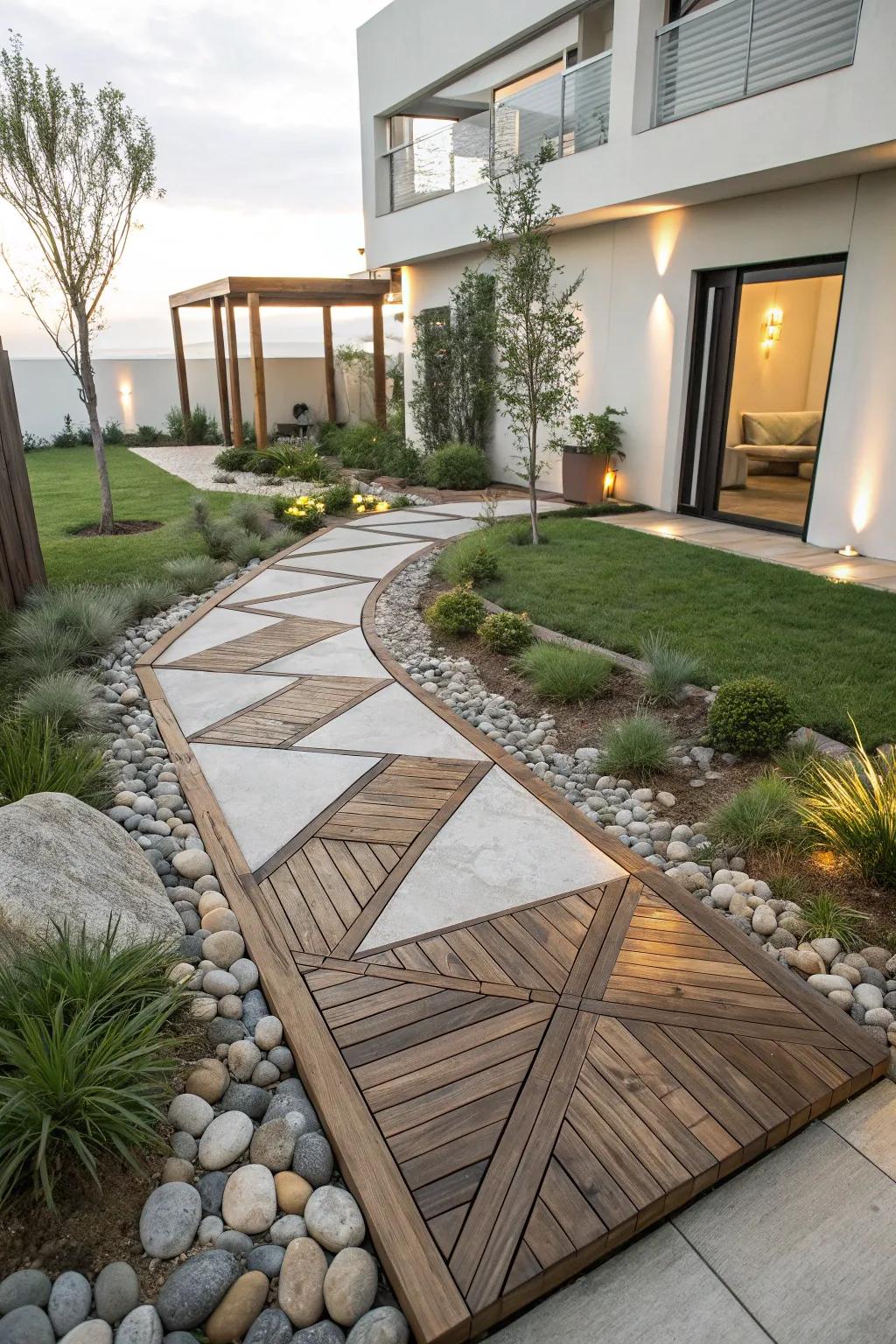 Geometric timber pathways add modern flair and visual intrigue.