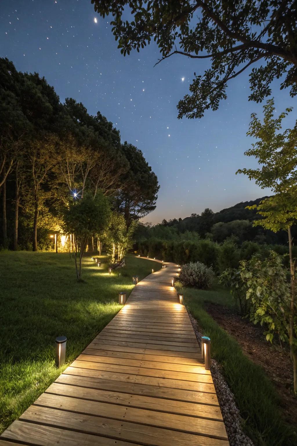 Illuminate your garden paths with integrated lighting within timber walkways.