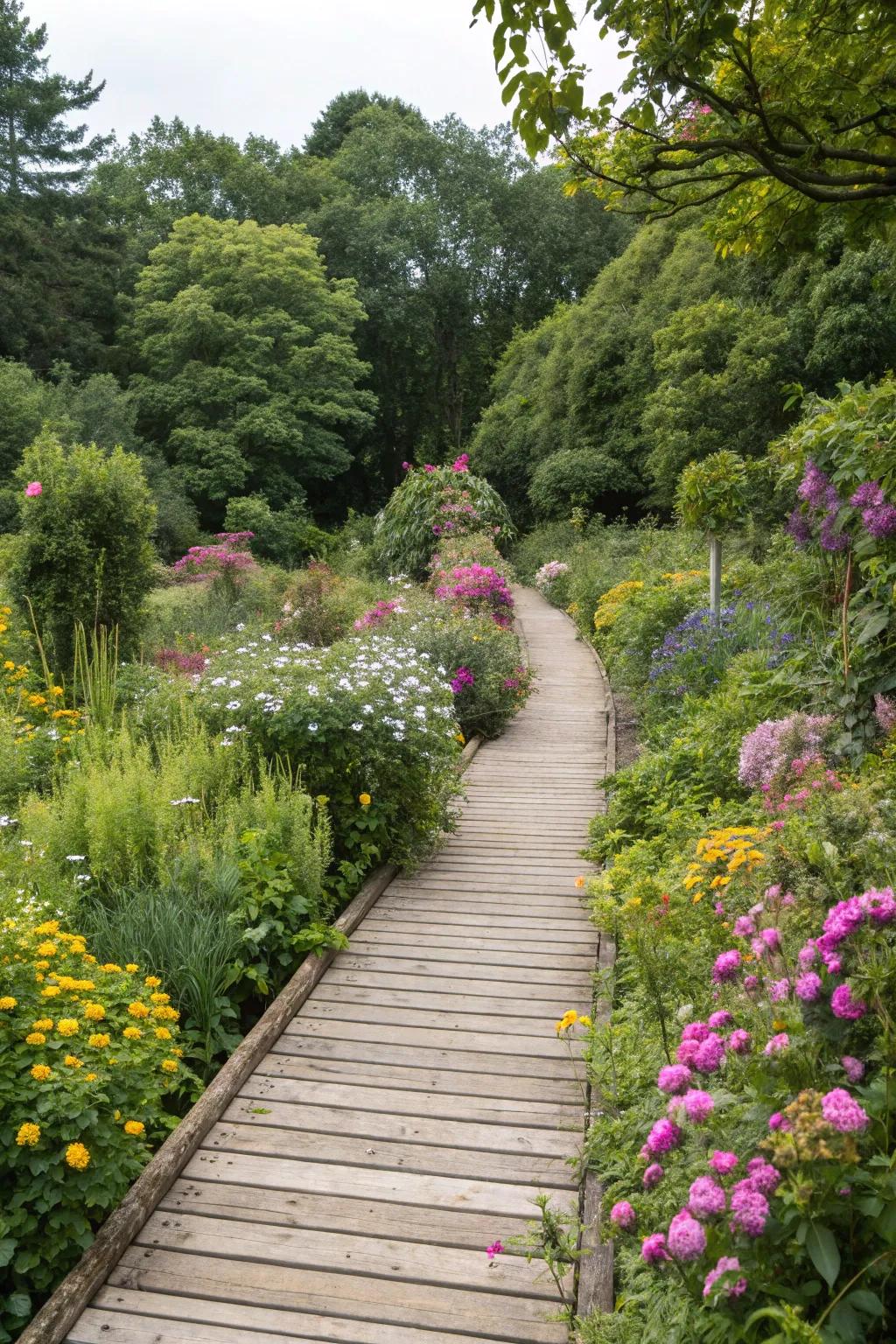 A timber pathway seamlessly integrated into a vibrant garden landscape.