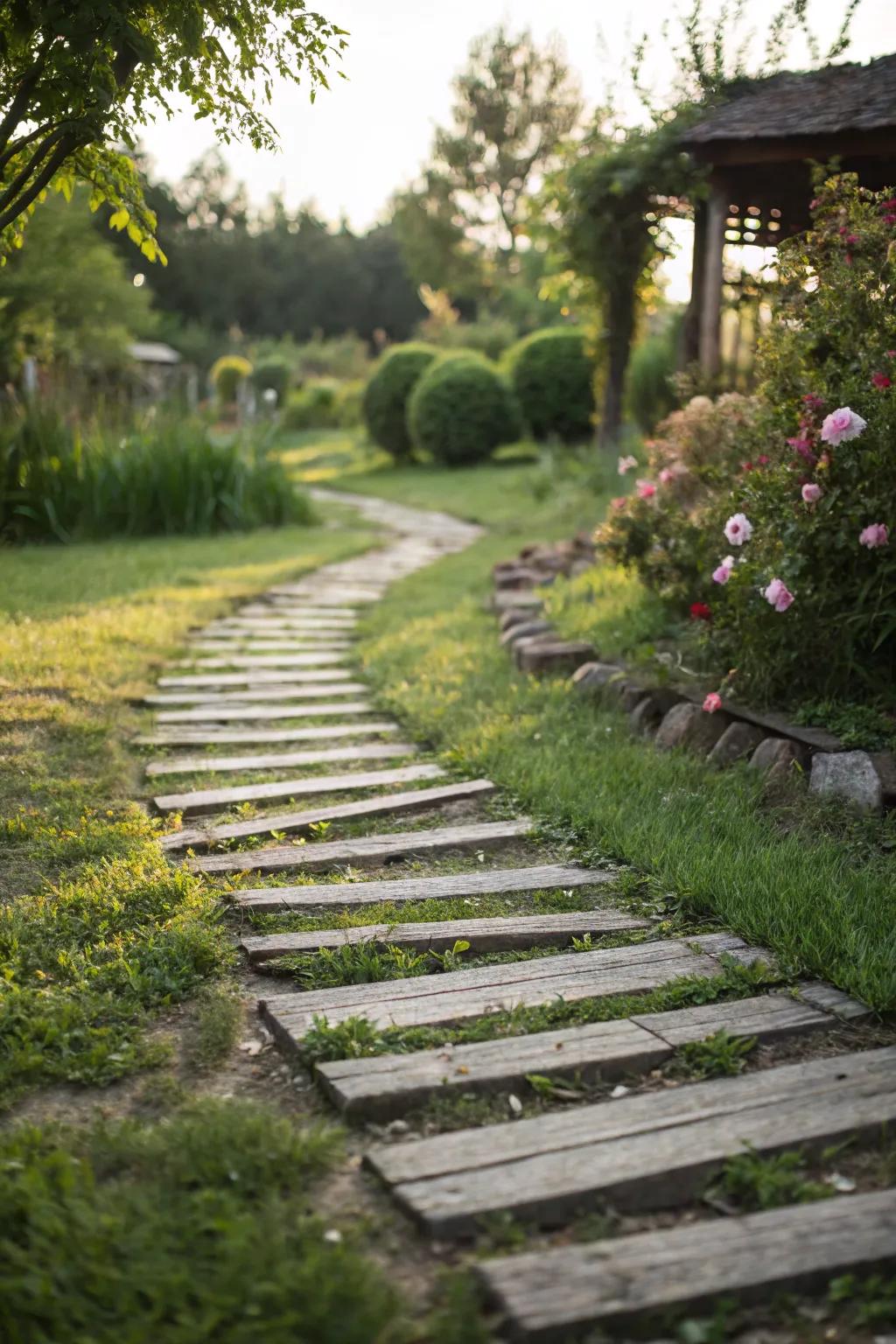 Wooden slat pathways offer a modern, airy aesthetic in gardens.