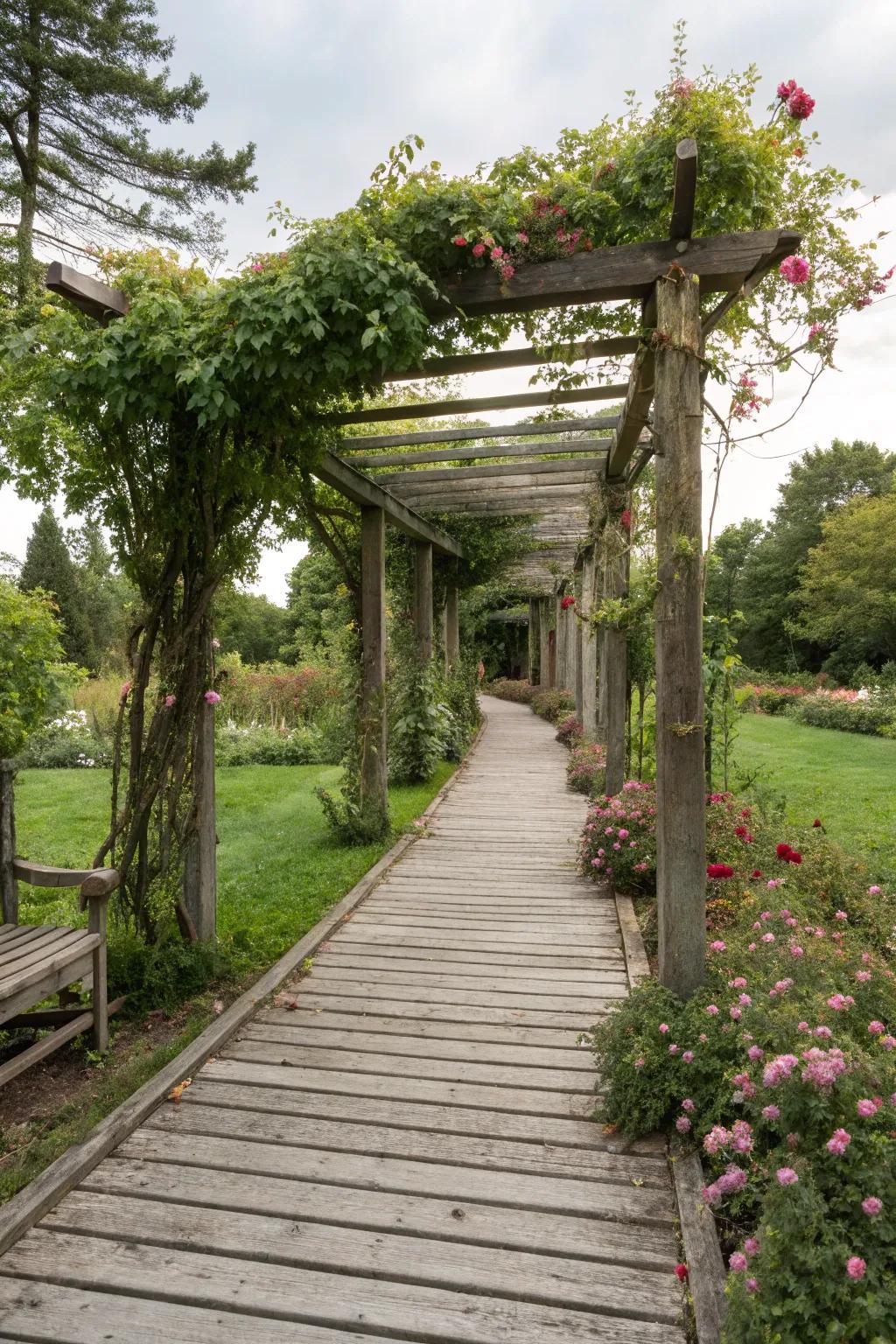 Pergola-connected timber walkways offer shade and lush beauty.