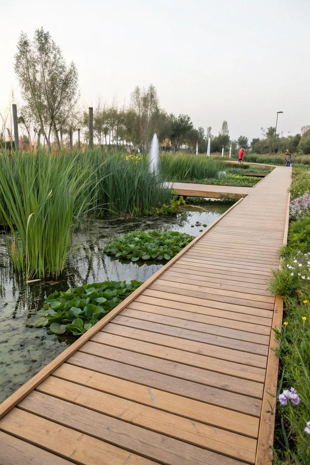 Wooden boardwalks offer stability and charm in marshy garden areas.