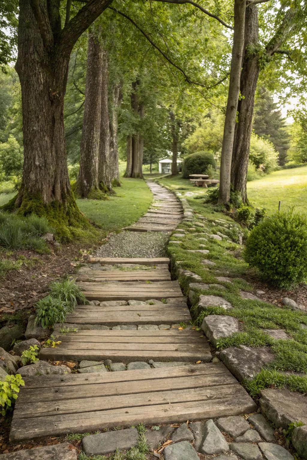 Wooden pathways with stone borders offer rustic refinement.