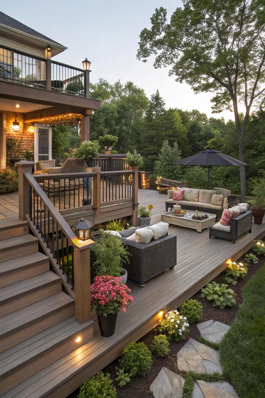 A multi-level deck adding dimension to the garden.