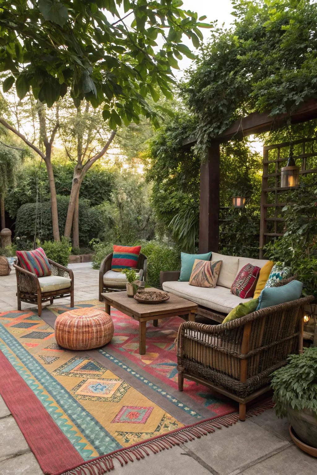 An outdoor rug adding color and comfort to the garden.