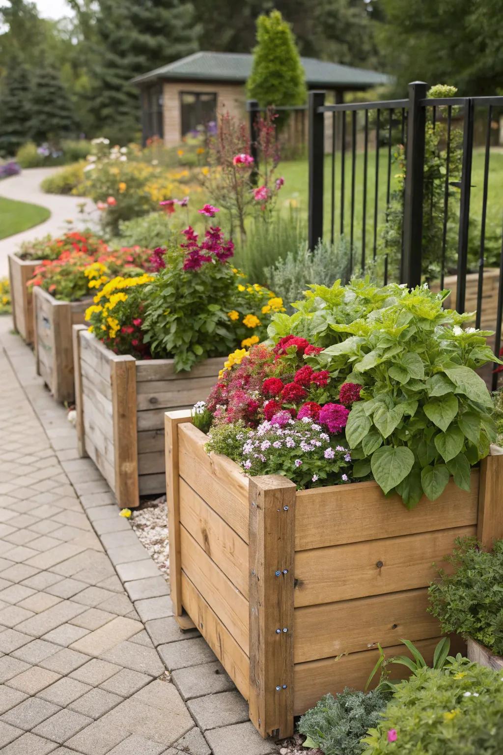 Raised planters offering easy access and garden organization.