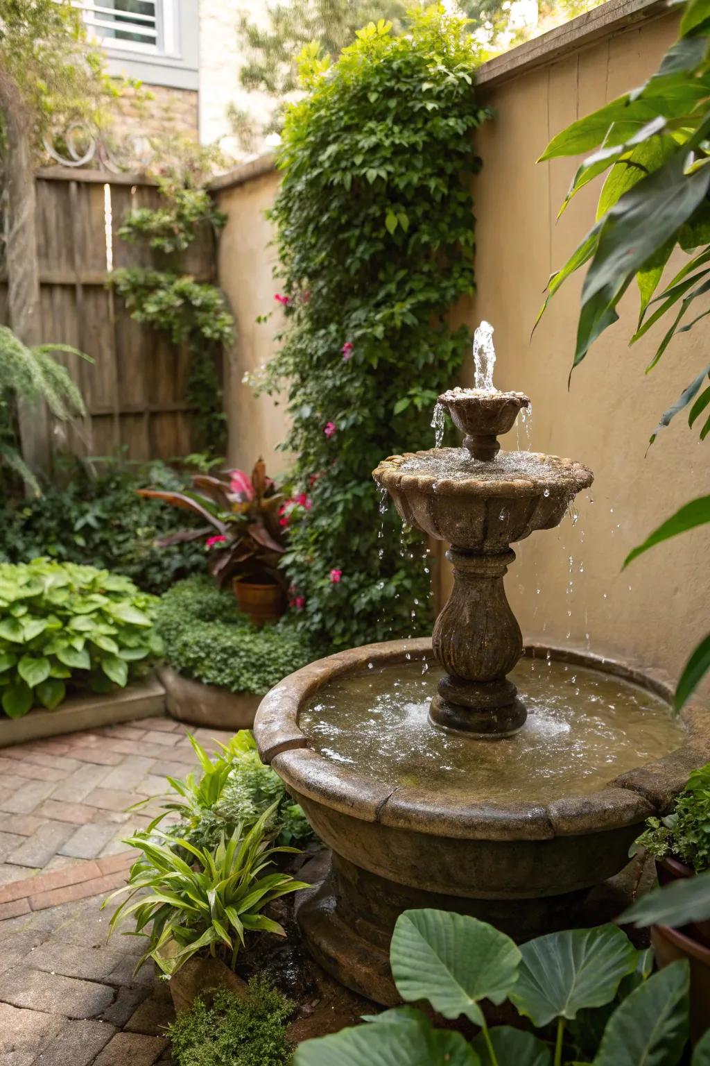 A calming water feature nestled in the garden.