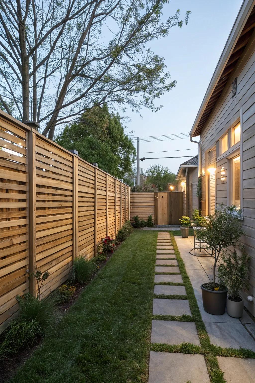 Modern horizontal wooden slat fences for added privacy