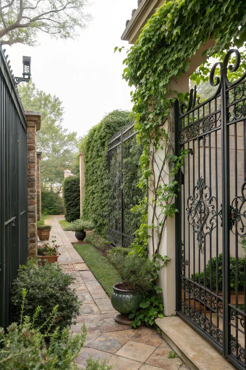 Decorative wrought iron panels for an elegant privacy solution