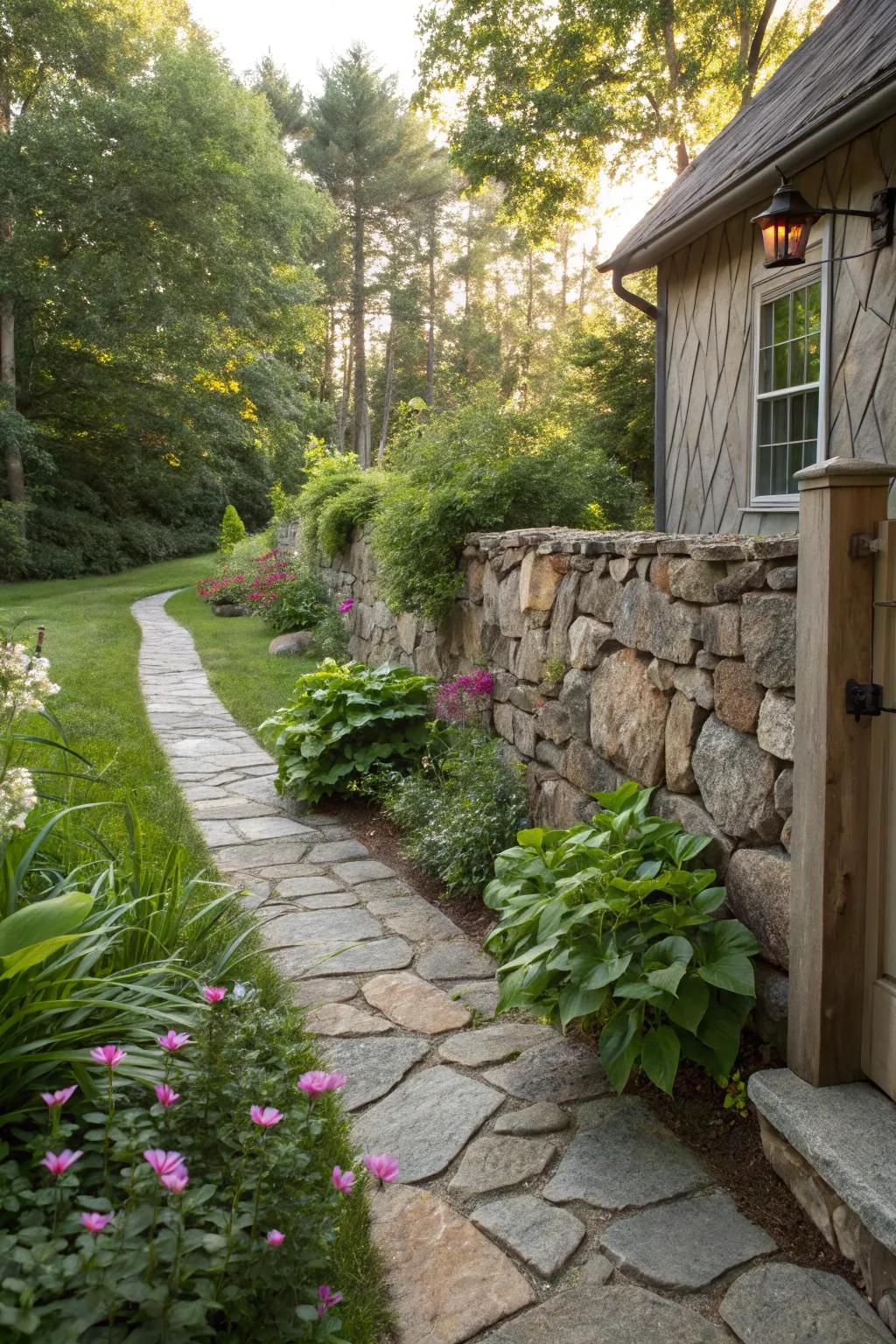 A charming stone wall offering privacy and character