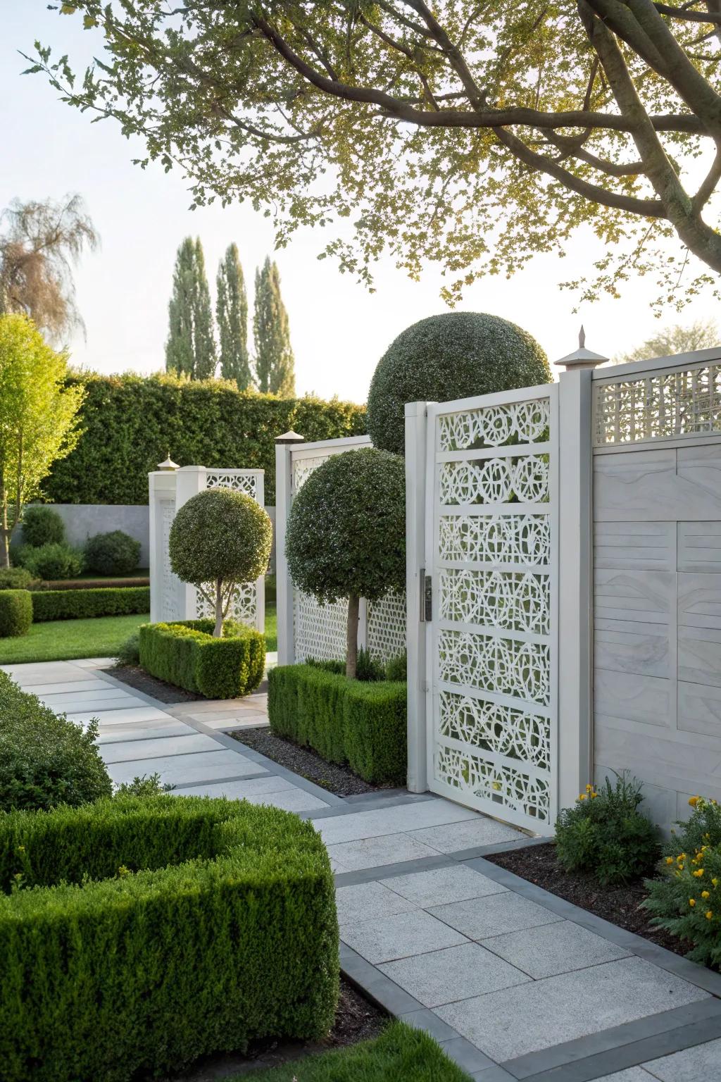 Add modern sophistication with geometric patterns on your gate.