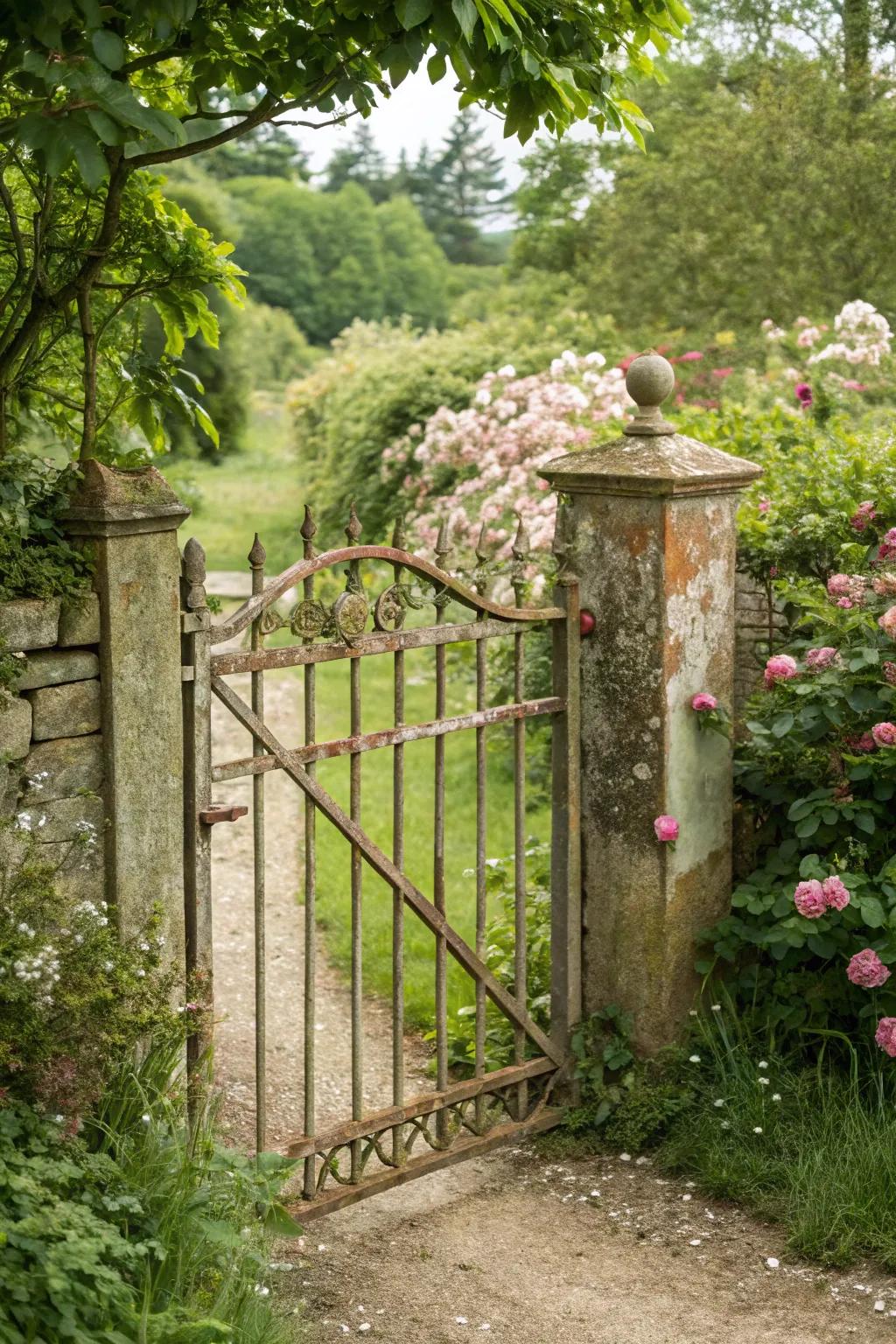 A weathered metal bifold gate brings rustic charm to your garden.