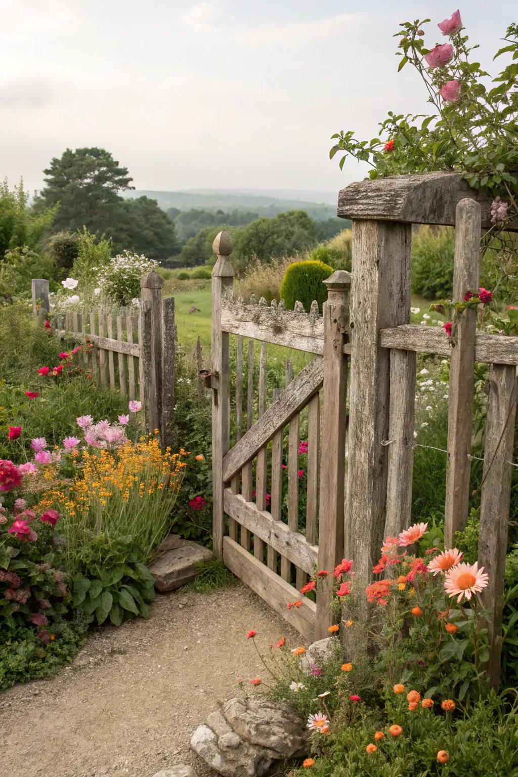 A classic wooden bifold gate adds timeless charm to any garden.