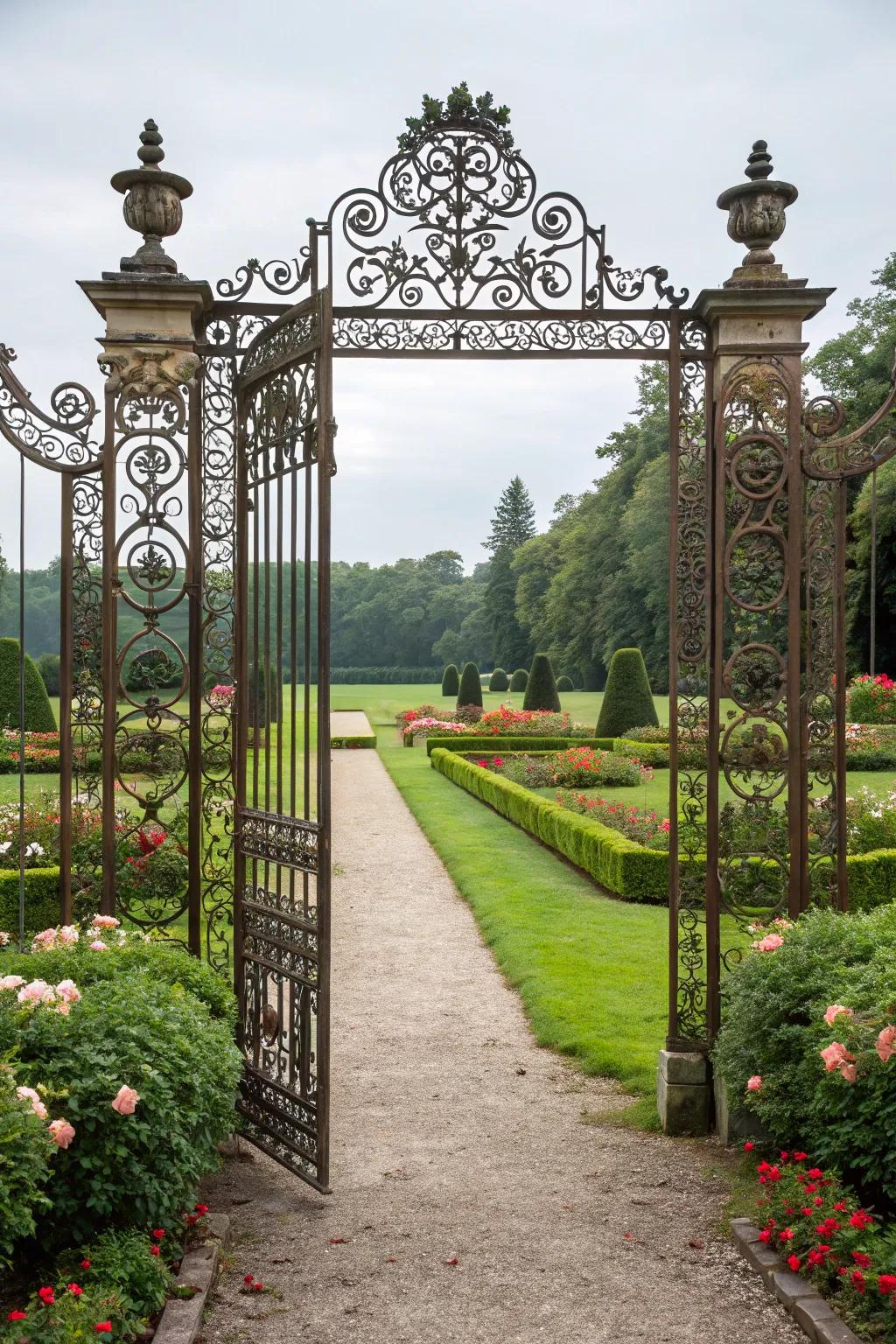 Ornate ironwork transforms a bifold gate into a stunning focal point.