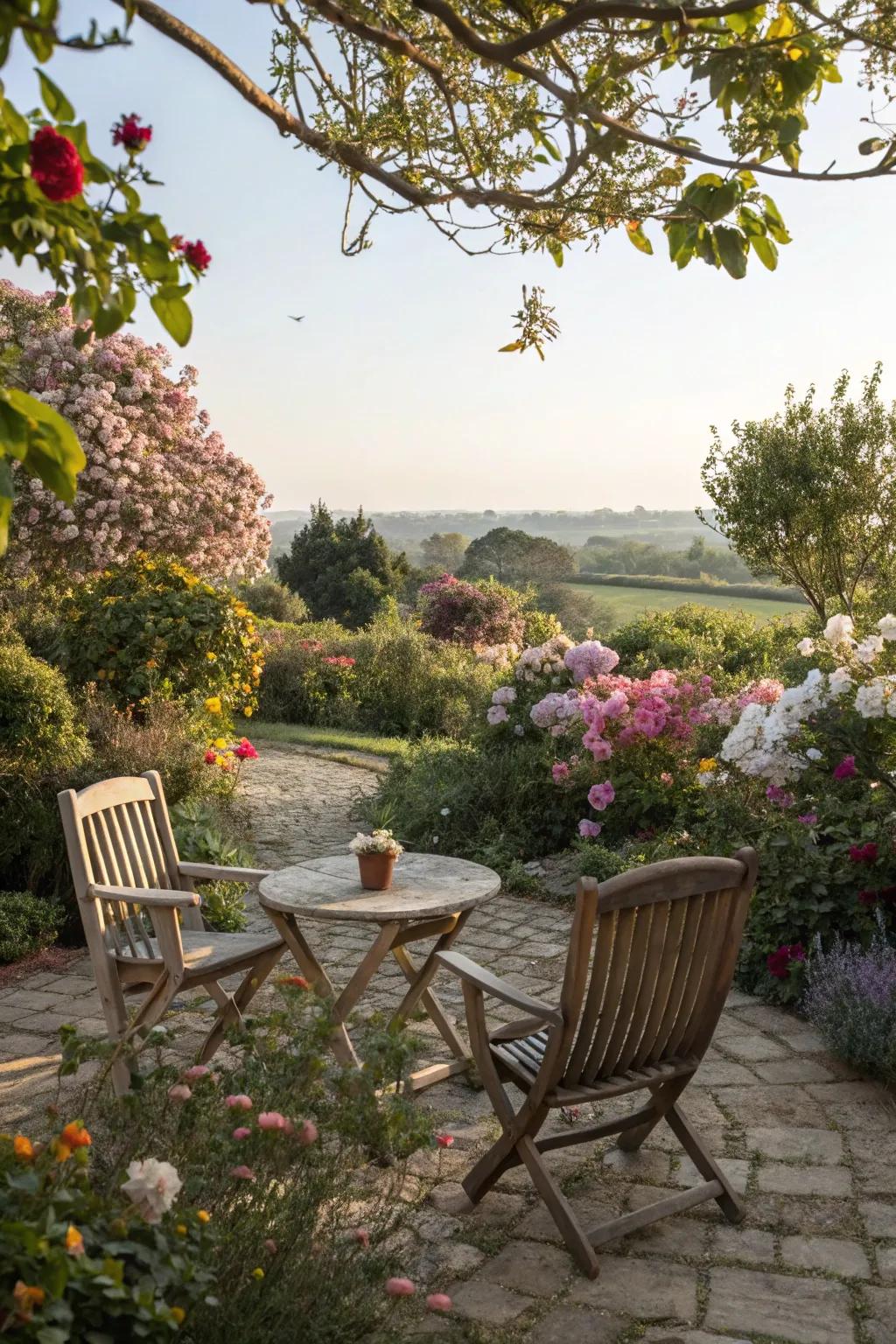 A charming garden seating area surrounded by spring blooms.
