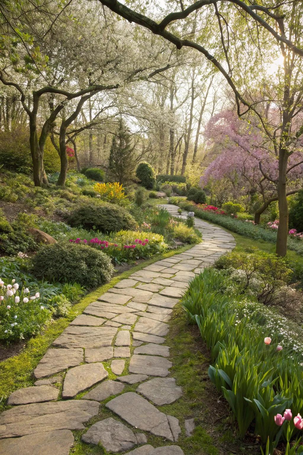 A picturesque stone pathway in a lush spring garden.