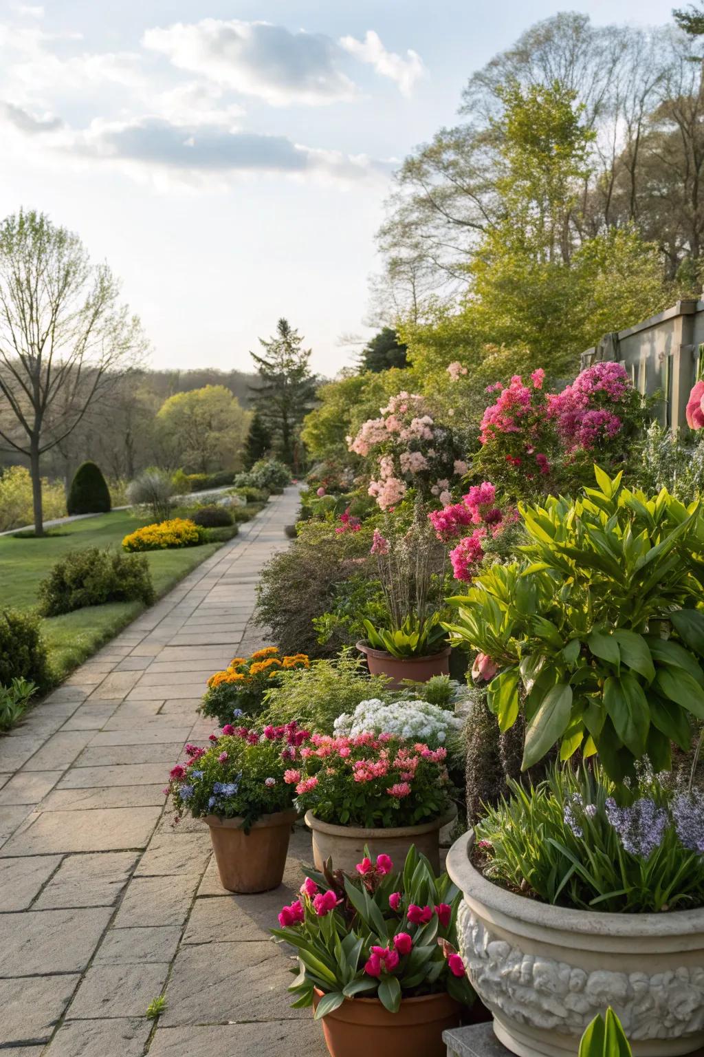 Houseplants enjoying fresh air in a spring garden.