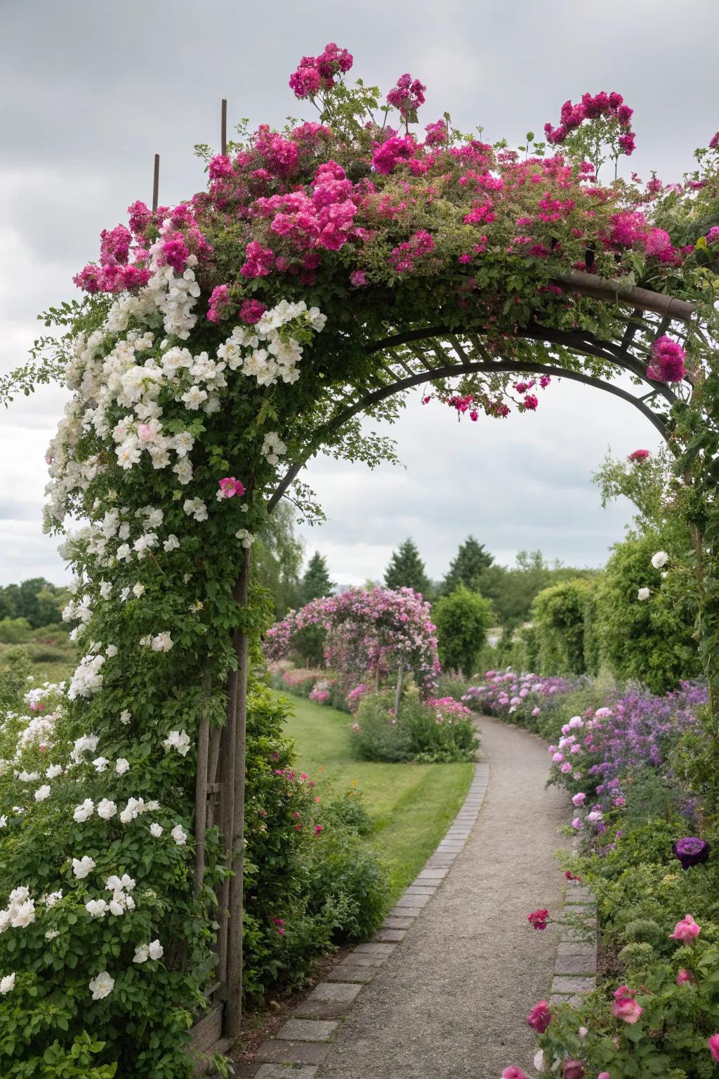 An archway adorned with climbing roses and clematis.